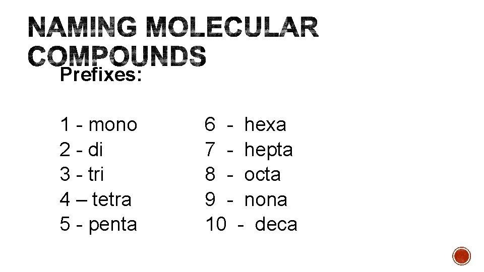 Prefixes: 1 - mono 2 - di 3 - tri 4 – tetra 5