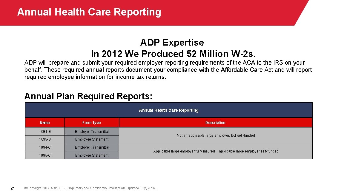 Annual Health Care Reporting ADP Expertise In 2012 We Produced 52 Million W-2 s.