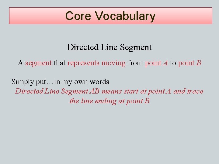 Core Vocabulary Directed Line Segment A segment that represents moving from point A to