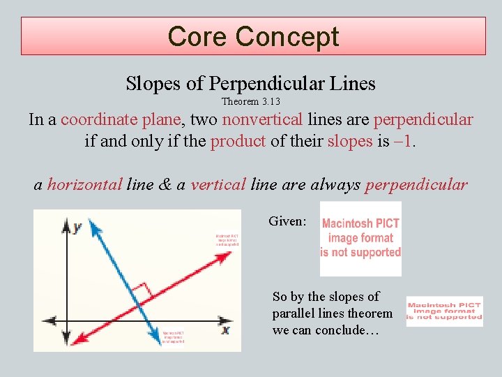 Core Concept Slopes of Perpendicular Lines Theorem 3. 13 In a coordinate plane, two