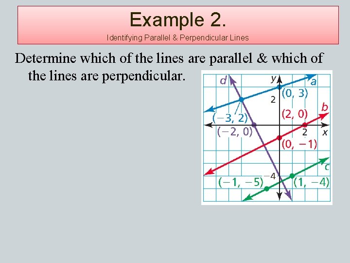 Example 2. Identifying Parallel & Perpendicular Lines Determine which of the lines are parallel