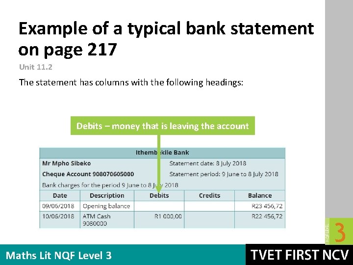 Example of a typical bank statement on page 217 Unit 11. 2 The statement