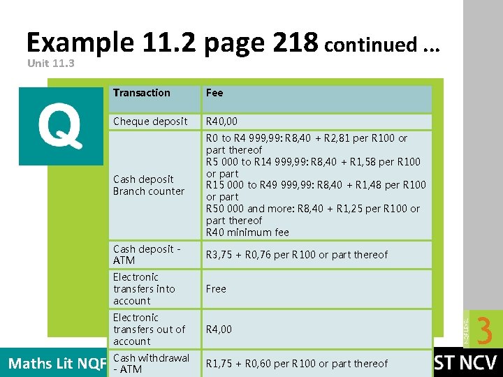 Example 11. 2 page 218 continued. . . Unit 11. 3 Transaction Fee Cheque Example 11. 2 page 218 continued. . . Unit 11. 3 Transaction Fee Cheque