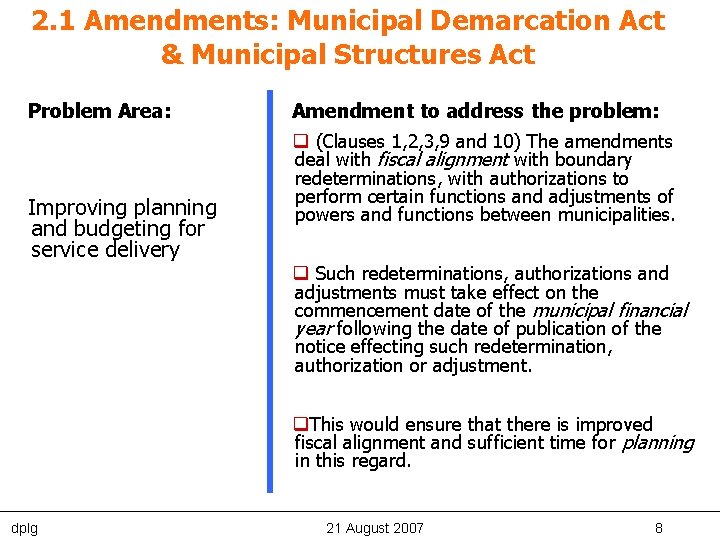 2. 1 Amendments: Municipal Demarcation Act & Municipal Structures Act Problem Area: Improving planning