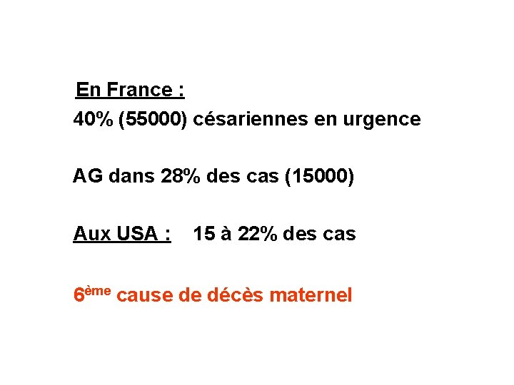 En France : 40% (55000) césariennes en urgence AG dans 28% des cas (15000)