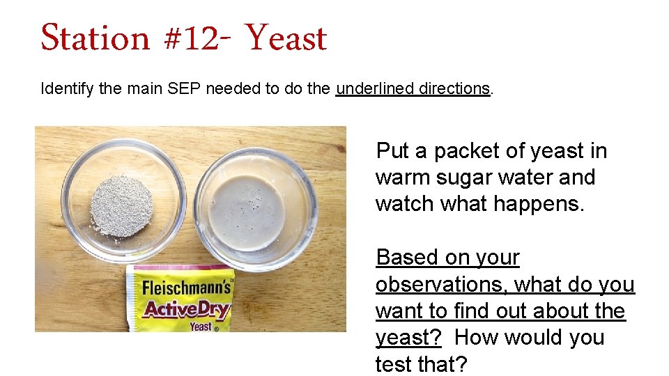 Station #12 - Yeast Identify the main SEP needed to do the underlined directions.