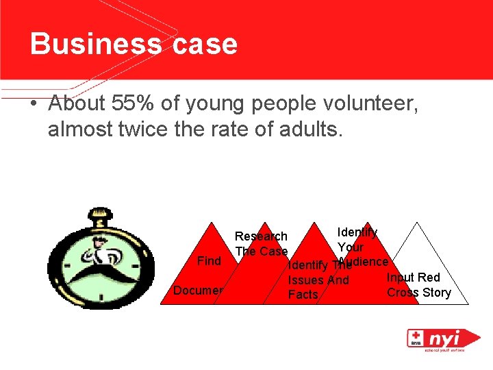 Business case • About 55% of young people volunteer, almost twice the rate of