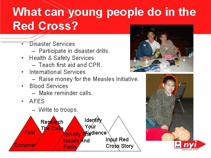 What can young people do in the Red Cross? • Disaster Services – Participate