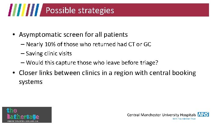 Possible strategies • Asymptomatic screen for all patients – Nearly 10% of those who