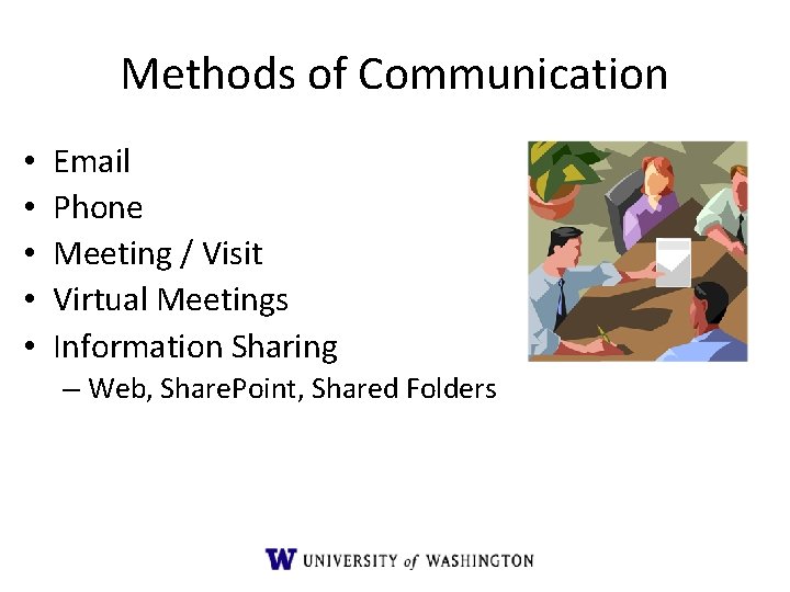 Methods of Communication • • • Email Phone Meeting / Visit Virtual Meetings Information Methods of Communication • • • Email Phone Meeting / Visit Virtual Meetings Information