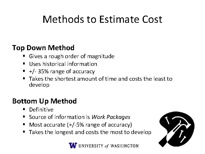 Methods to Estimate Cost Top Down Method § § Gives a rough order of Methods to Estimate Cost Top Down Method § § Gives a rough order of