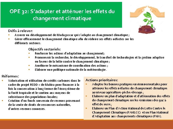 OPE 32: S’adapter et atténuer les effets du changement climatique Défis à relever: §