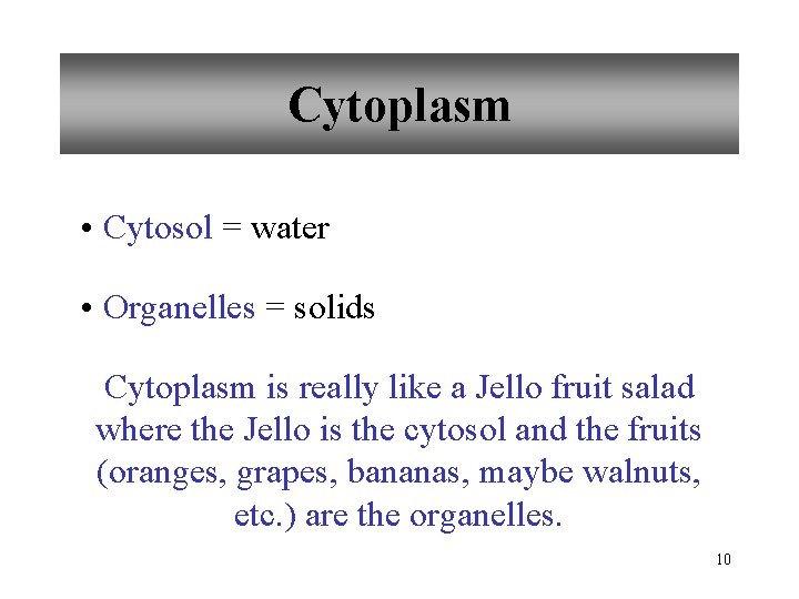 Cytoplasm • Cytosol = water • Organelles = solids Cytoplasm is really like a