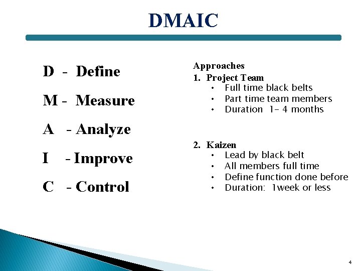 DMAIC D - Define M - Measure Approaches 1. Project Team • • •
