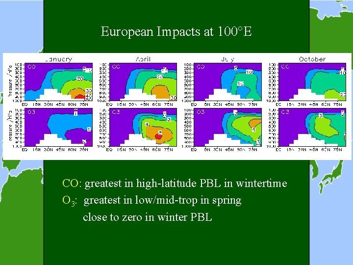 European Impacts at 100°E CO: greatest in high-latitude PBL in wintertime O 3: greatest