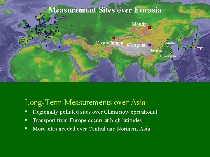 Measurement Sites over Eurasia Mondy Vostochnaya Waliguan Taishan Huangshan Long-Term Measurements over Asia •