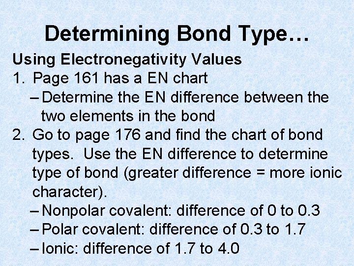 Determining Bond Type… Using Electronegativity Values 1. Page 161 has a EN chart –