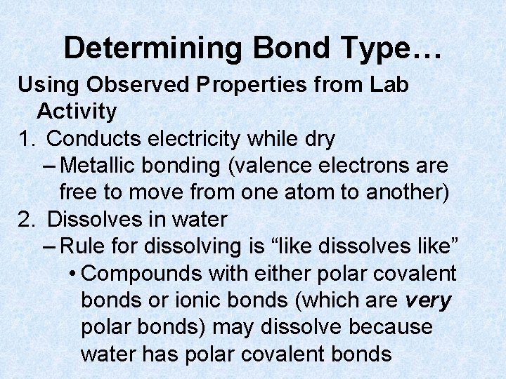 Determining Bond Type… Using Observed Properties from Lab Activity 1. Conducts electricity while dry