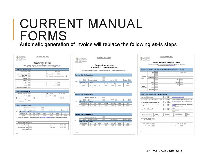 CURRENT MANUAL FORMS Automatic generation of invoice will replace the following as-is steps ADU