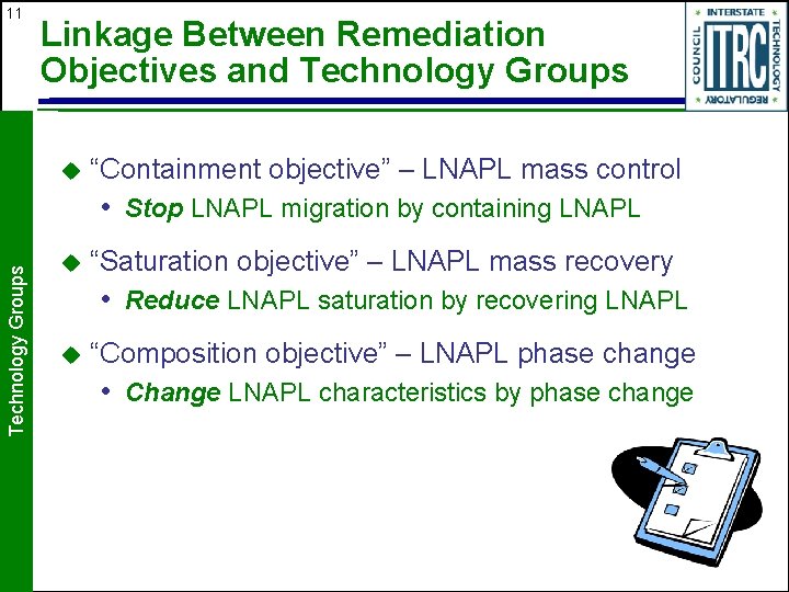 11 Linkage Between Remediation Objectives and Technology Groups u “Containment objective” – LNAPL mass