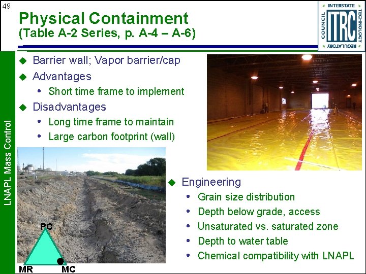 49 Physical Containment (Table A-2 Series, p. A-4 – A-6) u u Barrier wall;