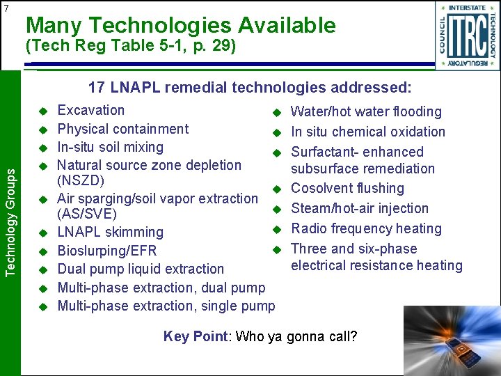 7 Many Technologies Available (Tech Reg Table 5 -1, p. 29) 17 LNAPL remedial