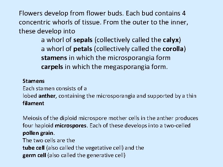 Flowers develop from flower buds. Each bud contains 4 concentric whorls of tissue. From