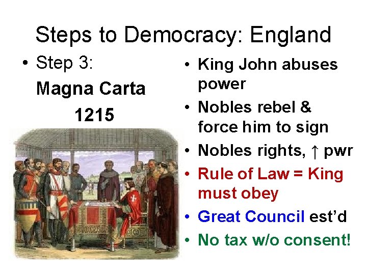 Steps to Democracy: England • Step 3: Magna Carta 1215 • King John abuses