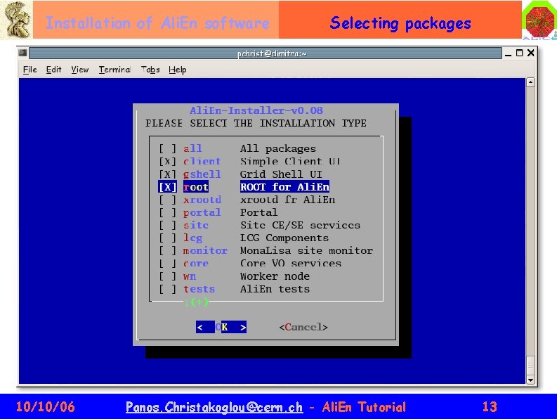 Installation of Ali. En software 10/10/06 Selecting packages Panos. Christakoglou@cern. ch - Ali. En