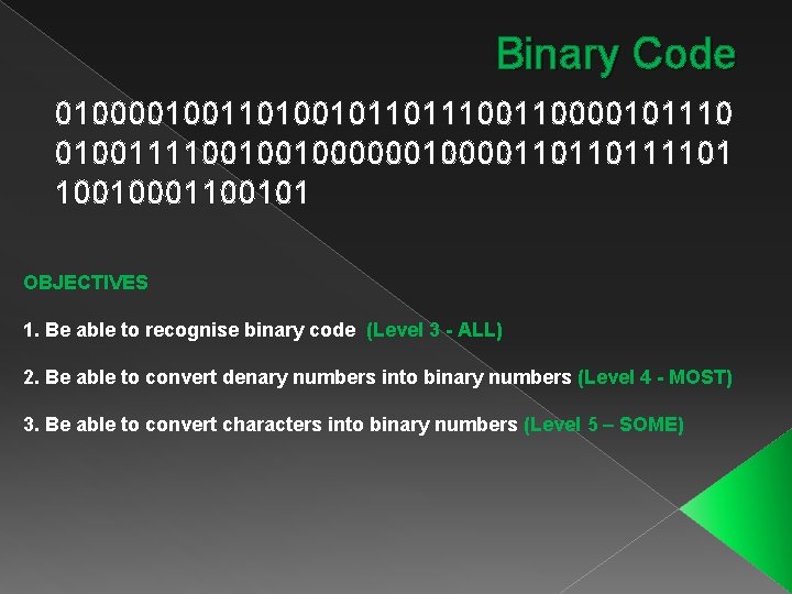 Binary Code 010000100110100101101110000101110 010011110010010000110110111101 10010001100101 OBJECTIVES 1. Be able to recognise binary code (Level