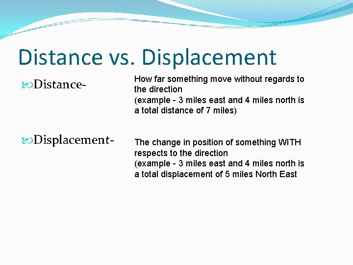 Distance vs. Displacement Distance- Displacement- How far something move without regards to the direction Distance vs. Displacement Distance- Displacement- How far something move without regards to the direction