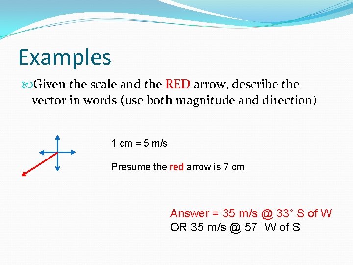 Examples Given the scale and the RED arrow, describe the vector in words (use Examples Given the scale and the RED arrow, describe the vector in words (use