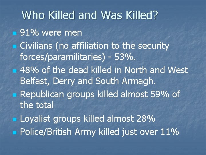 Who Killed and Was Killed? n n n 91% were men Civilians (no affiliation