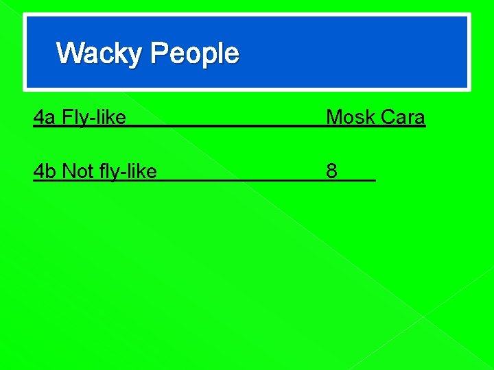 Wacky People 4 a Fly-like Mosk Cara 4 b Not fly-like 8 