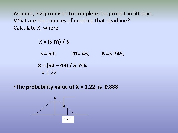 Assume, PM promised to complete the project in 50 days. What are the chances