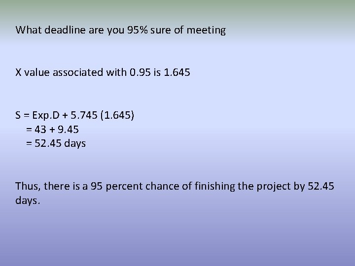 What deadline are you 95% sure of meeting X value associated with 0. 95