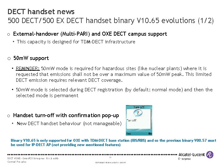 DECT handset news 500 DECT/500 EX DECT handset binary V 10. 65 evolutions (1/2)