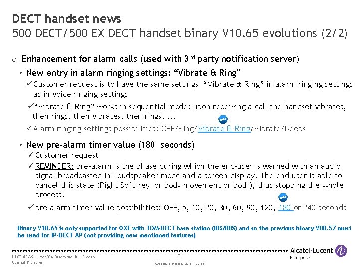 DECT handset news 500 DECT/500 EX DECT handset binary V 10. 65 evolutions (2/2)