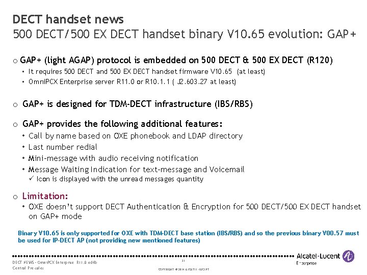 DECT handset news 500 DECT/500 EX DECT handset binary V 10. 65 evolution: GAP+