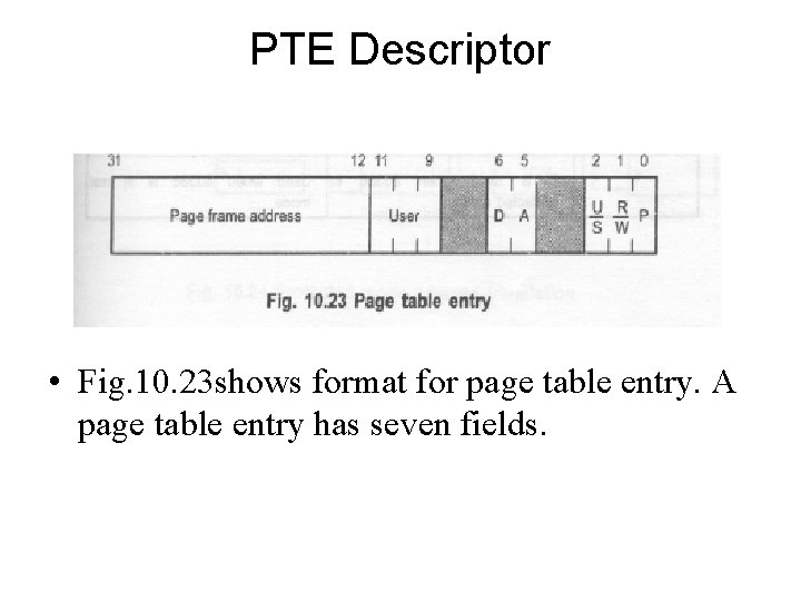 PTE Descriptor • Fig. 10. 23 shows format for page table entry. A page