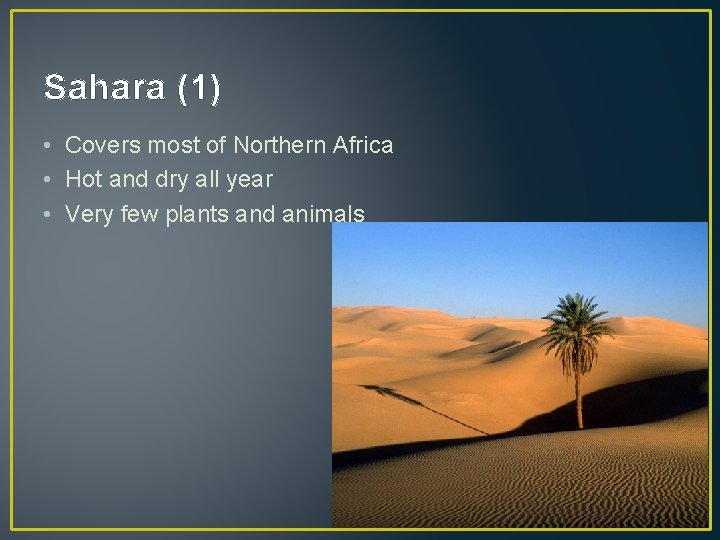 Sahara (1) • Covers most of Northern Africa • Hot and dry all year