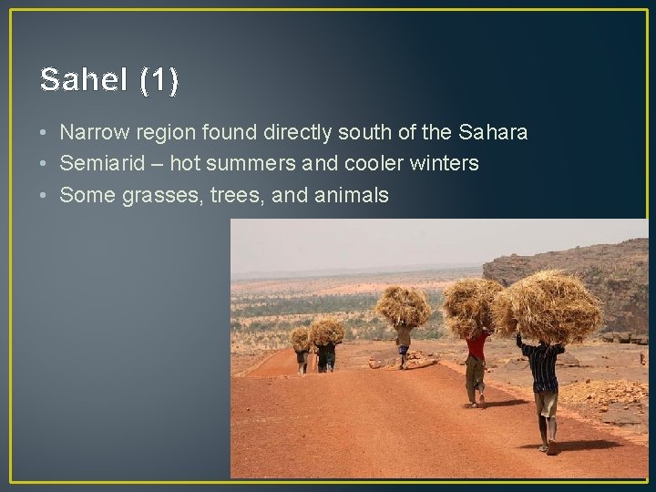 Sahel (1) • Narrow region found directly south of the Sahara • Semiarid –