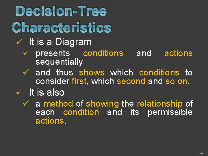 Decision-Tree Characteristics ü It is a Diagram ü presents conditions and actions sequentially ü