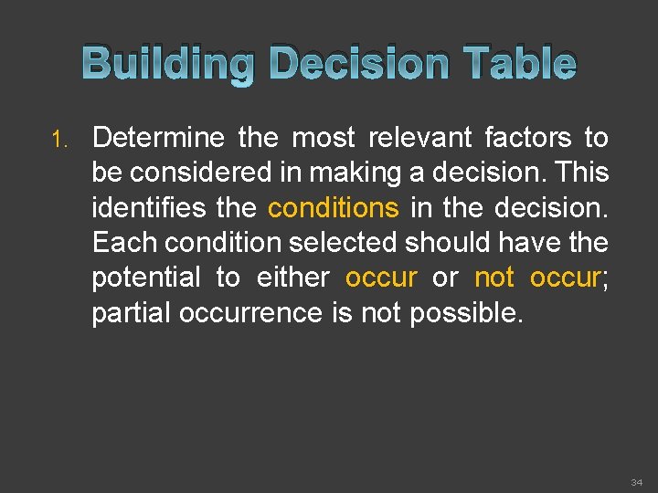 Building Decision Table 1. Determine the most relevant factors to be considered in making