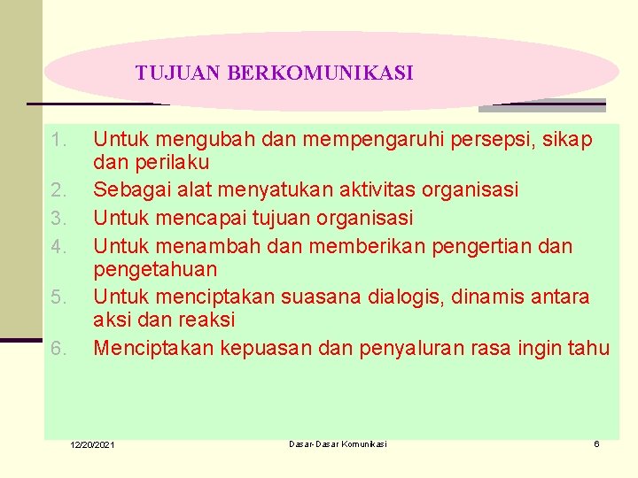 TUJUAN BERKOMUNIKASI 1. 2. 3. 4. 5. 6. Untuk mengubah dan mempengaruhi persepsi, sikap