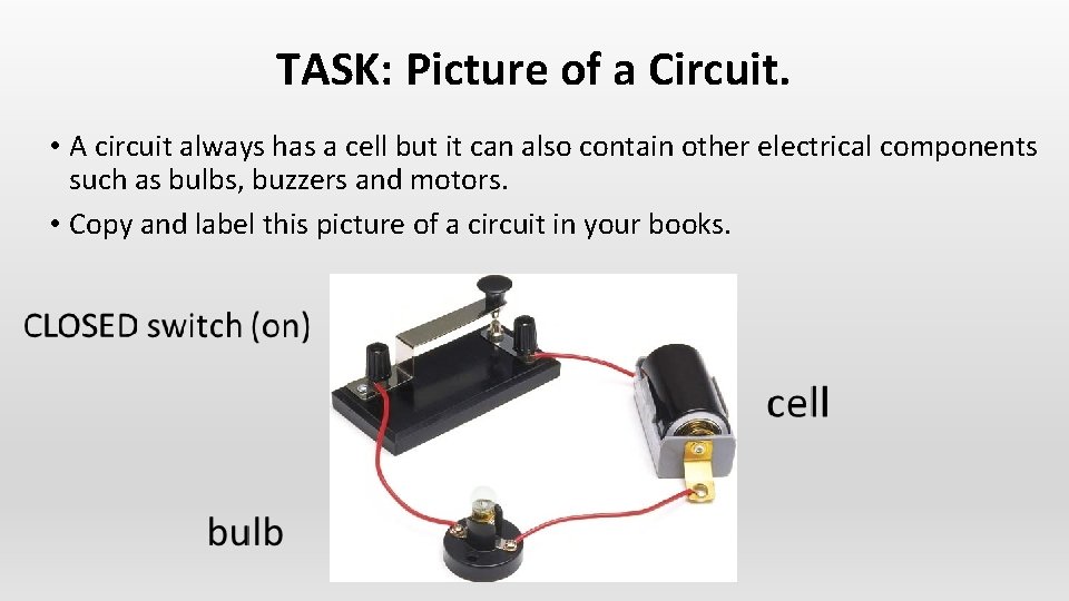 TASK: Picture of a Circuit. • A circuit always has a cell but it