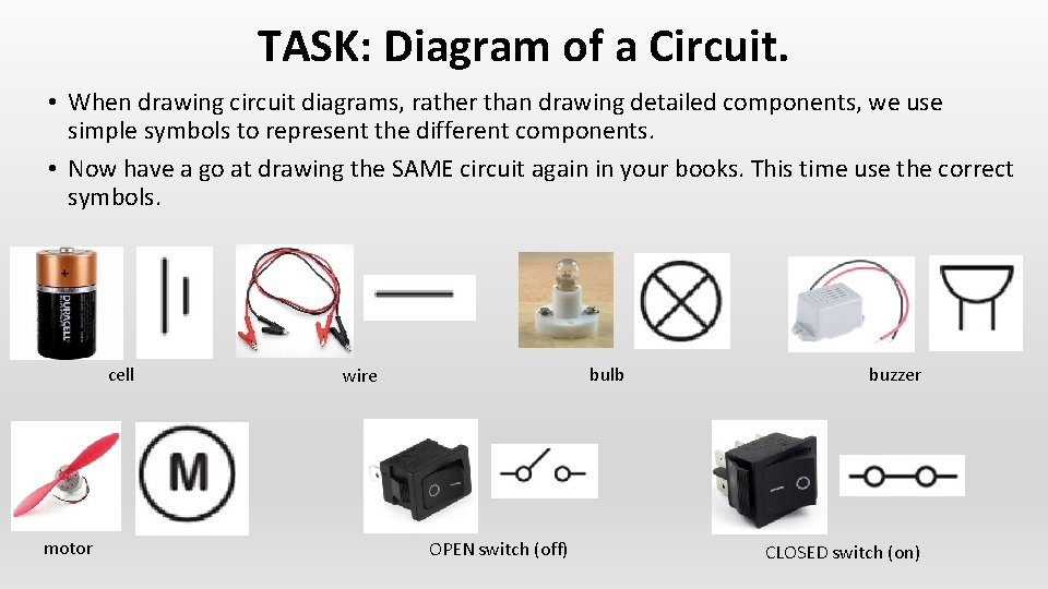TASK: Diagram of a Circuit. • When drawing circuit diagrams, rather than drawing detailed