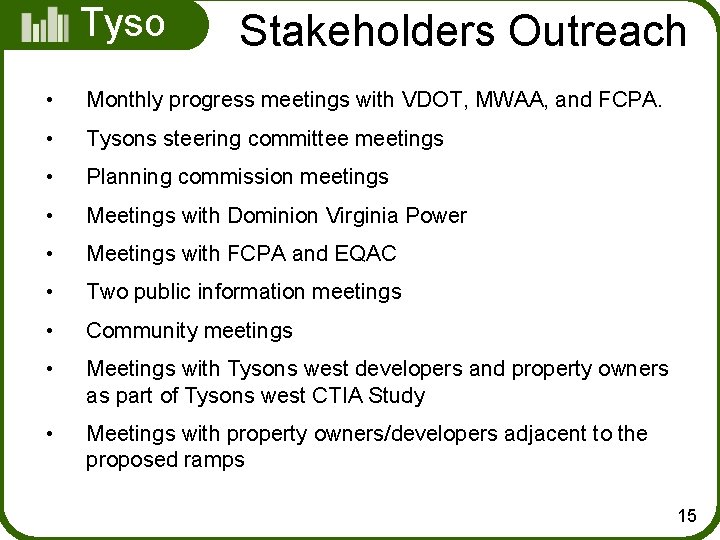  • Tyso ns Stakeholders Outreach Monthly progress meetings with VDOT, MWAA, and FCPA.
