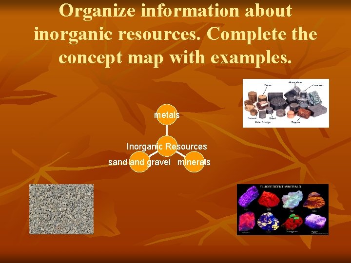 Organize information about inorganic resources. Complete the concept map with examples. metals Inorganic Resources