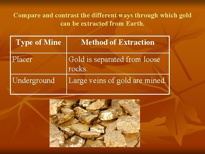 Compare and contrast the different ways through which gold can be extracted from Earth.